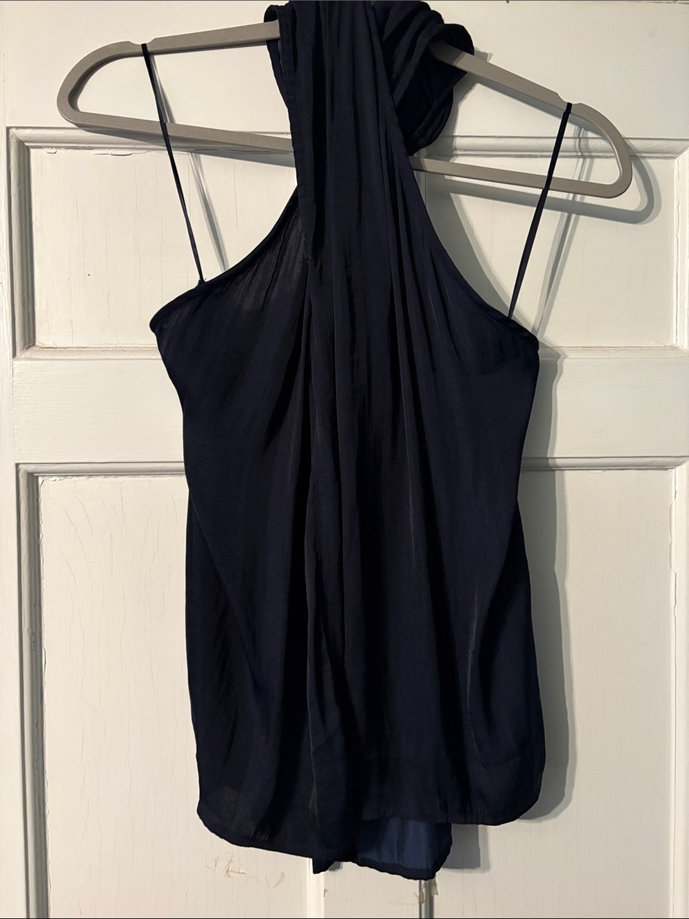 Women's Satin Navy Blue Cross Front Halter Top